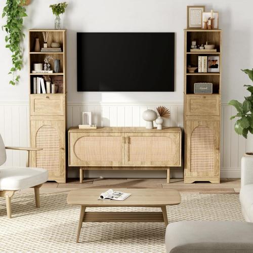 Size 67 H Color  Natural Bathroom Storage Cabinet with Rattan Doors and Slide Storage, Tall Narrow Freestanding Tower Cabinets with Adjustable Shelves for Kitchen, Living Room, Dining Room