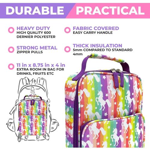 Bento Lunch Box with Insulated Bag, Ice Pack and Bento Accessories for Girls. Snack Containers with 4 Compartment Dividers for Toddlers Pre-School Daycare BPA Free Set, Utensils, Rainbow Unicorn