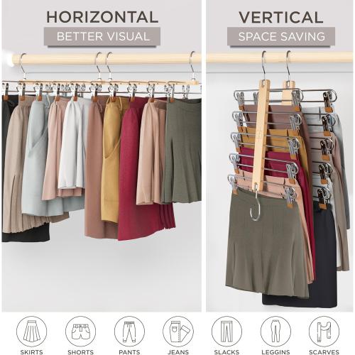 MORALVE Skirt Hangers Space Saving with Clips - 2 Pack - European Beechwood 5-Tier Hanger for Shorts, Skirts, and Pants - Closet Organizer and Storage Solution for Women with 360° Swivel Hook