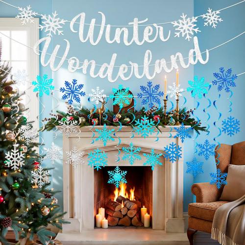 Winter Wonderland Snowflake Party Decorations - 62 Pcs Christmas Onederland 1st Birthday Party Hanging Decor, Blue White Snow Balloons for Ceiling Wall, Paper Banner Flake Streamers for Holiday