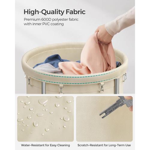 SONGMICS Laundry Basket with Wheels, Rolling Laundry Hamper, 45 Gal., Round Laundry Cart with Steel Frame and Removable Bag, 4 Casters and 2 Brakes, Cream and Silver URLS01MZ