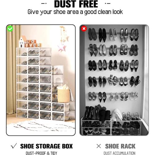 Kuject 15 Pack Shoe Storage Boxes, Large Clear Plastic Stackable Shoe Organizer for Closet, Connect Left and Right Shoe Boxes Case Container Bin for Entryway, Drop Front, Fit for Size 10(White)
