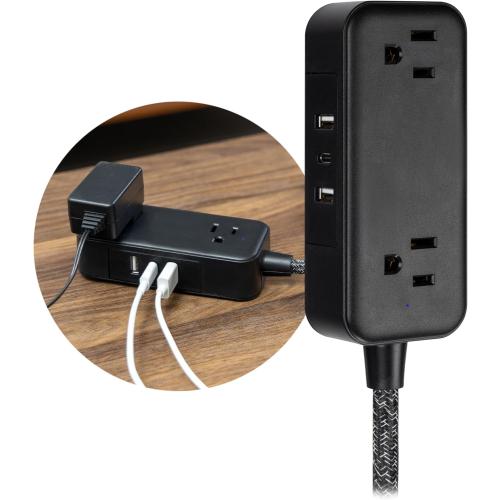 GE Flat Plug Power Strip Extension Cord with USB Ports, Travel Power Strip with 2 Outlets 3 USB Ports, Cruise Ship Essentials, 6 Ft Braided Small Extension Cord Flat Wall Plug, ETL Listed Black, 82586