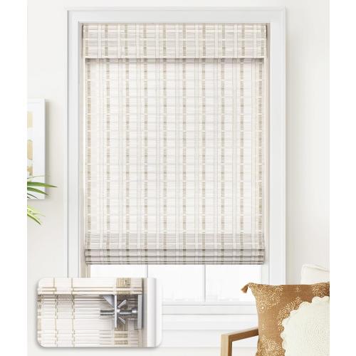 LazBlinds No Tools No Drill Cordless Bamboo Roman Shades, Light Filtering Window Treatment, Roll Up Bamboo Blinds for Window 39'' W x 64'' H, Whitewash B