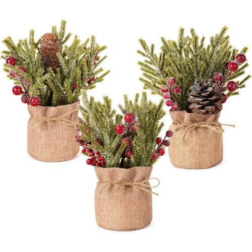 Velener Artificial Christmas Flowers for Outdoor-3 Pcs Faux Pine Branches with Red Berries & Pinecones, Fake Christmas Greenery Stems with Burlap Bag Vase, Winter Norfolk Pine Branches for Indoor