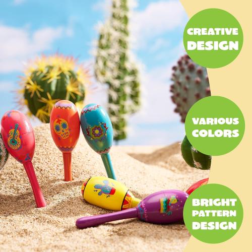 JOYIN 9 Pcs Fiesta Wooden Maracas 9 Designs Noisemaker for Cinco De Mayo Party Favors, Mexican Musical Fun, Carnivals, Taco Tuesday Event, Mexican Decorations, Luau Party