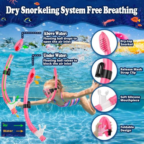 Color Pink  Kids Snorkel Set for Age 4-14 - Dry Top Snorkeling Gear for Kids Junior & Youth - Childs Diving Mask with Big Eyes for Boys Girls - Anti-Fog Snorkeling Mask and Snorkel Set
