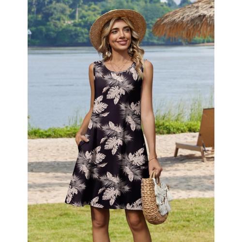 LARGE Summer Dresses for Women 2026 Sleeveless Casual Floral Tshirt Sundress with Pockets Loose Tank Beach Dress