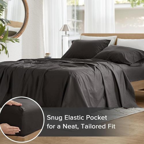 Comfort Spaces 100% Cotton Sheets King, Breathable & Ultra Soft Cotton Sheets, Naturally Cool Cotton Bed Sheets with 14 Elastic Pocket Fits up to 16 Mattress, All Season Sheet Set, Black 4 Piece