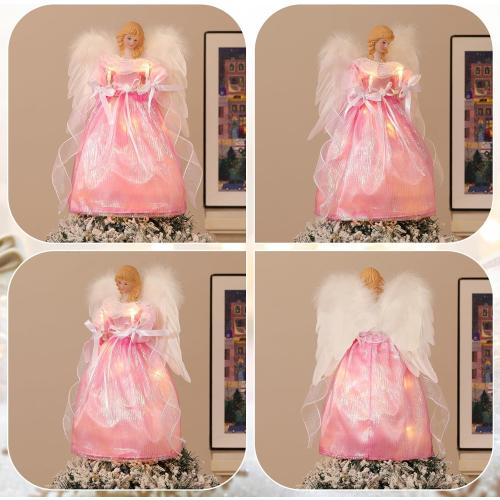 Lewondr Christmas Tree Topper Angel, 12'' Light Up Angel Tree Topper with Wings and Candle Light, 8 Modes and 6 Hrs Timer USB and Remote Operated Christmas Decor for Holiday Home Decor, Pink