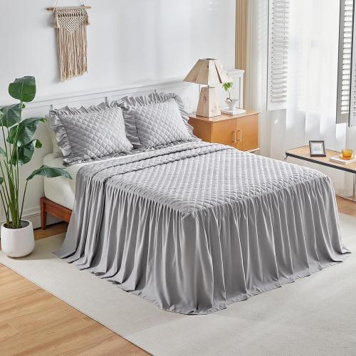 Ruffle Skirt Bedspread Set - 30 Long Drop - Vintage Chic Ruffled Summer Coverlet Bed Spreads Quilt Boho Bedding Farmhouse Style Lightweight Luxurious Rustic 3 Piece Set Queen Size Gray