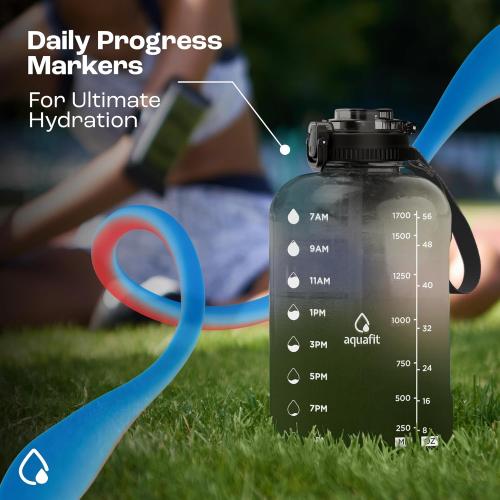 Size 64oz Color White AQUAFIT Half Gallon Water Bottle with Time Marker - Straw & Chug Lid - BPA Free Gym Water Bottle with Straw - Big Gallon Jug ( 64 oz - 2in1 Lid)