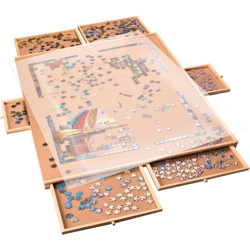 Rotating Wooden Puzzle Board for with 6 Storage Drawers & Protective Cover – Jigsaw Puzzle Table - for Adults & Families Home Entertainment & Puzzle Building (1500 Piece Puzzle Board)