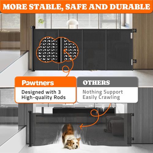 Pawtners Retractable Baby Gates Extra Wide, 41 Tall Extends up to 71 Wide, Dog Gate Indoor for Stairs, Pet Gate with Support Rods for Doorways Hallways Indoor & Outdoor-Black