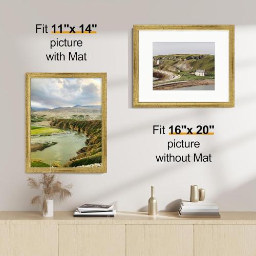 Vittanly 16x20 Poster Frames Set of 2, Vintage Photo Frames, Rustic Gold | Display 11x14 Pictures with Mat or 16x20 without Mat, Rustic Frames with Plexiglass, Farmhouse Home Decor for Wall Mounting
