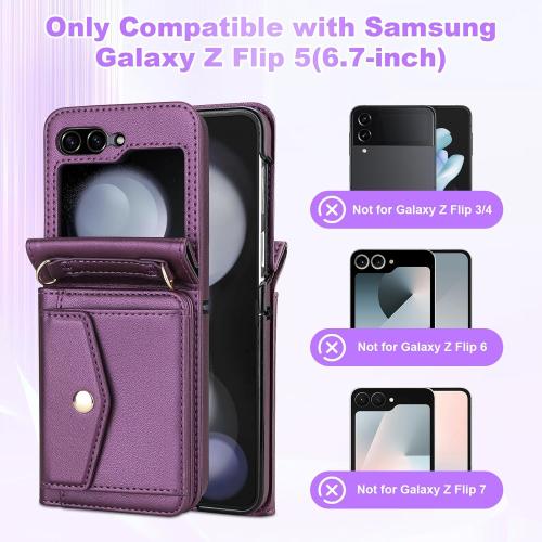 Vofolen for Samsung Galaxy Z Flip 5 Case with Card Holder Slot Crossbody Wallet Cover with Adjustable Strap Magnetic Closure Soft PU Leather Protective zflip5 Phone Purse for Women Girls, Purple