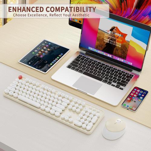 HotFox Wireless Keyboard and Mouse Combo, Full-Size Retro Typewriter Keyboard with Round Keycaps, Ergonomic Design for Windows PC, Home and Office Use - Cream