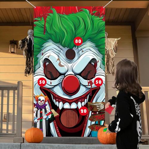Halloween Carnival Party Games, Clown Toss Games Banner with 4 Bean Bags Set for Indoor Outdoor Toss Across Game for Boys Girls Birthday Party Supplies Decoration Hanging Banner Throwing Game