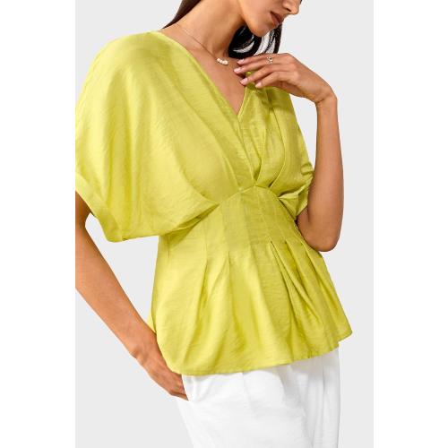 Women's Lightweight Crinkled V-Neck Peplum Waist Blouse-Batwing Short Sleeves Shirt-Casual Flowy Top (25H109 Yellow M)