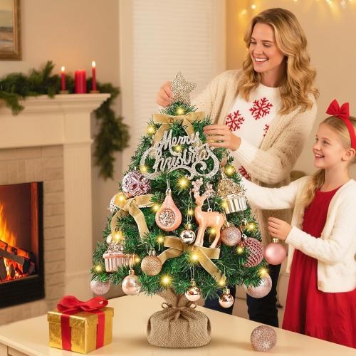 Livole 2 FT Small Christmas Tree, Mini Christmas Tree with Lights, Mini Tabletop Full Xmas Trees with 35 PCS Pink Ornaments, Merry Christmas, Xmas Tree for Table DIY Christmas Decor
