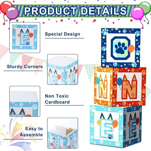 Lunmon 3 Pcs Blue Dog 1st Birthday Balloon Boxes Decorations