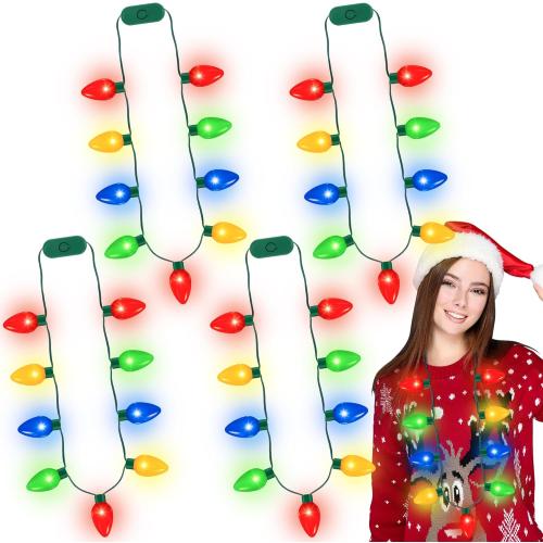 QZYL 2 Pack Christmas Light Necklace, Colorful Christmas Accessories, 9 LED Bulbs Light Up Necklace with 3 Flash Modes, Ugly Sweater Lights for Xmas New Year Party Favor Supplies Accessories