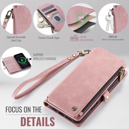 Defencase Compatible with iPhone 15 Case Wallet with RFID Blocking Card Holder for Women and Men, Fashion PU Leather Magnetic Snap Flip Zipper Strap Wallet Phone Case Fit for iPhone 15 6.1, Rose Pink