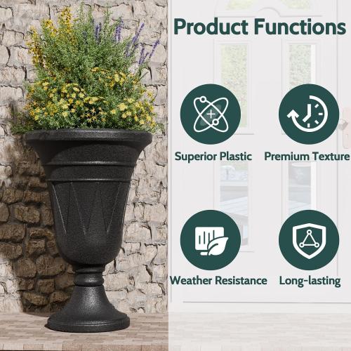 Tall Plastic Urn Planters and Pedestal - 24 Outdoor Planter Black | Weather-Resistant Plastics HDPE with Drainage Holes, Modern Trophy Design Vase, Large Flower Pot Porch Door, Set of 2