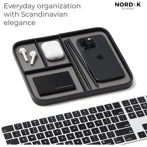 Size 9.5x7.9 Color Black Nordik Leather Valet Tray - Pebble Black - 9.5 x 7.9 Inch Medium Vegan Leather Tray - Stylish Nightstand Organizer for Men - Modern Bedside Caddy - EDC Catchall for Key Watch Wallet Jewellery