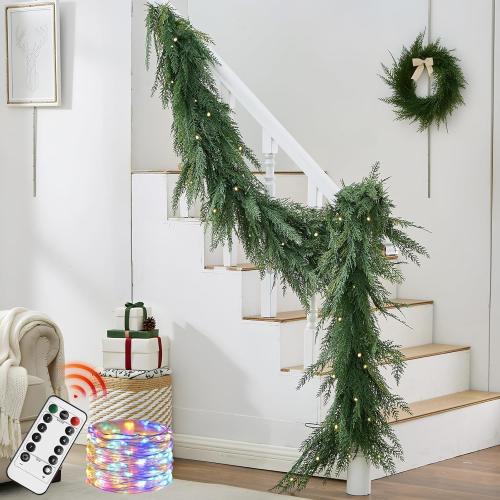 Christmas Cedar Garland Realistic with Lights - Cypress Decorations 9ft for Mantle Lighted Faux Pine Garlands for Xmas Home Decoration Indoor Stairs Railing Fireplace 9 Ft Outdoor Prelit Door Decor