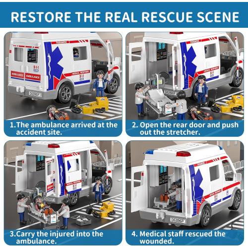 TEMI Ambulance Toy for Kids, Emergency Vehicle Toy, Friction Powered Truck | Light and Sound, Role Playing Play Vehicles with Figures Toys, Car Toy, Birthday Gifts for Age 3 4 5 6 7 8 Boys Girls
