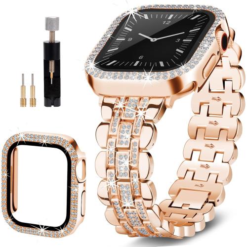 Compatible with Apple Watch Band 40mm for Women, Bling Bands Diamond Jewelry Replacement Metal Wristband Strap Shiny Bracelet with Crystal Protector Casefor iWatch Series SE/6/5/4