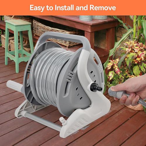 Flora Guard Garden Hose Holder With 1/2 Inch 65Ft Freeze-resistant UV Software, Hose Reels Wall Mount, Removable Hose Reel, 3/4 Pressure Fitting and 9-Pattern Nozzle, Gray