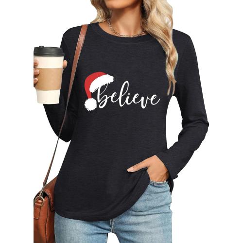 Size XL Merry Christmas Shirts for Women Funny T-Shirts for Women Crew Neck Xmas Long Sleeve Multiple Graphic Tee Tops