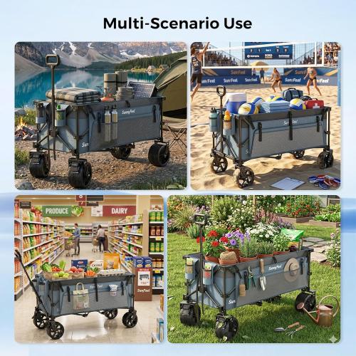 SUNNYFEEL 49 L Foldable Wagon Cart with Big Wheels - 550lbs Heavy Duty Extra Long Collapsible Shopping Cart - Utility Grocery Wagon for Garden Sports Camping Outdoor Activities (Blue)