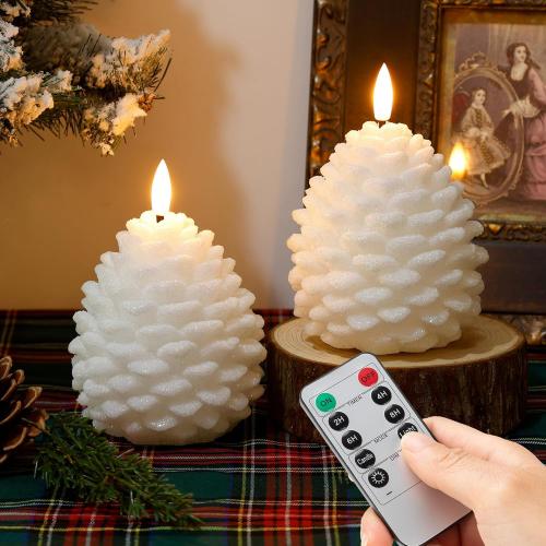 Christmas White Pinecone Candles Flameless with Remote, Real Wax Battery Operated Pine Cone Candle,Flickering LED Candles for Xmas Decoraction Party Holiday Gift, 2 Pack