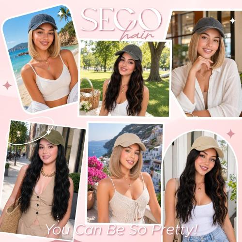 SEGO Hat Wigs, Hat with Hair Attached for Women Soft Denim Cap Wigs Long Wavy Curly Adjustable Baseball Cap With Hair Extensions -Gray 18-#01 Jet Black