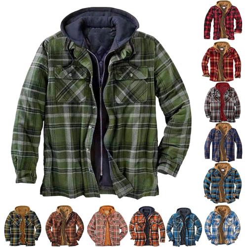VELONLLONE Flannel Jackets Men Classic Plaid Shacket Oversized Quilted Puffer Jacket Full Zip Hoodie Coat Winter Warm Outwear 2XL