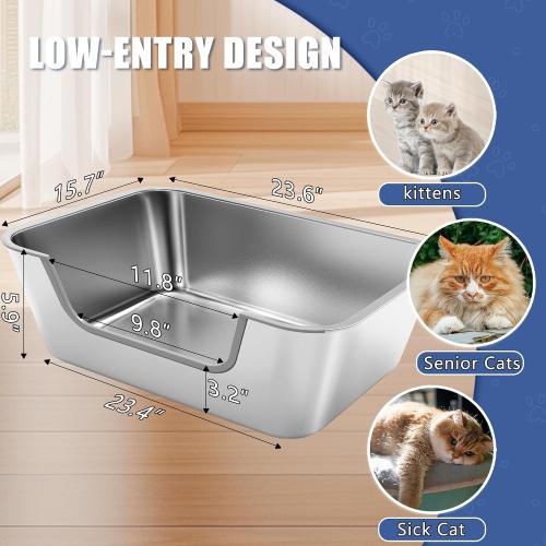 Stainless Steel Cat Litter Box with Low Entry,Litter Pan for Big Kitty and Multiple Cats,Easy to Clean,Non-Stick,Odor-Free,Suitable for Kittens,Senior Cats and Injured Pets,23.6x15.7x5.9