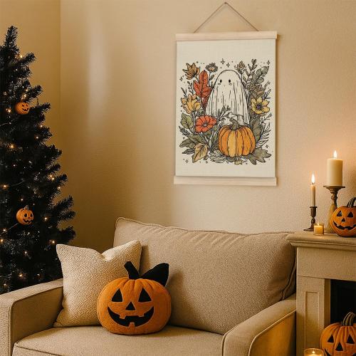 Z0FGU0 Fall Pumpkin Ghost Halloween Wall Art, Rustic Autumn Fall Floral Botanical Poster Hanger Frame, Spooky Halloween Ghost Wall Decor for Home Living Room Bedroom, 12x16 Inch