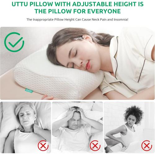 UTTU Cervical Pillow for Neck Strain Relief, Memory Foam Neck Pillow for Sleeping, Adjustable Orthopedic Sandwich Pillow, Contour Cooling for Side Back Stomach Sleeper, Queen(23.6×14×5.2/4.5)
