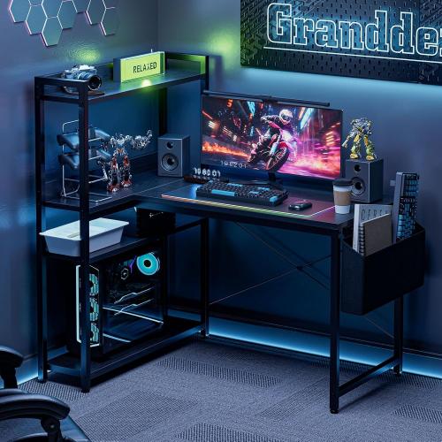 Grandder 40 Inch L Shaped Computer Desk with Reversible Storage Shelves, Home Office Corner Desk Study Writing Table with Hutch, Study, Black