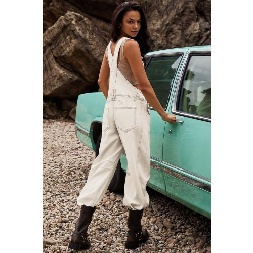 Size M ReachMe Womens Casual Adjustable Bib Overalls Classic Wide Leg Jumpsuits Vintage Barrel Overalls Baggy Pants with Pockets