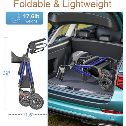 SOUNDFUSE Rollator Walkers for Seniors with Seat, Foldable Lightweight Rolling Walker with 8 Big PU Wheels, Ergonomic Seat, Dual Height Adjustment