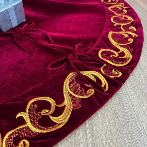 70 Inch Velvet Christmas Tree Skirt with Golden Swirl Embroidery and Lace Tie Closures, Burgundy