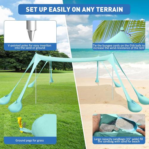Beach Tent Canopy Pop Up Shade 10x10ft Sun Shelter Portable Family UPF50  with 8 Sandbags-2 Sand Shovel-4 Aluminum Poles-Ground Pegs-Carrying Bag for Outdoor Camping Fishing Backyard Picnic