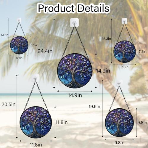 DASTOLL Stained Glass Window Hanging, Blue Purple Tree of Life Sun Catchers Colorful Glass Panel Plants Suncatcher Decor for Birthday for Women,Men,Wife, Lovers, and Mom 14.9x14.9 in