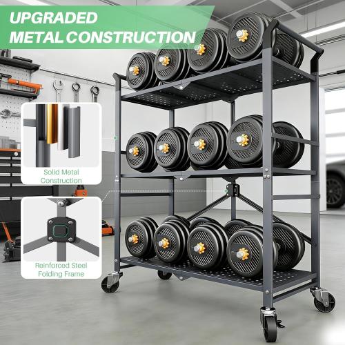 3 Tier Utility Carts - Folding Metal Rolling Cart with Wheels for Kitchen Office Garage Storage, Grey