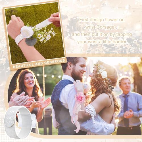 12 Pieces Slaplet Wristlets Wrist Corsage Bracelets Corsage Wristlet Band Floral Slaplets Wedding Bracelets DIY Wrist Corsages Accessories for Bridesmaid Bridal Shower Party Prom(White)