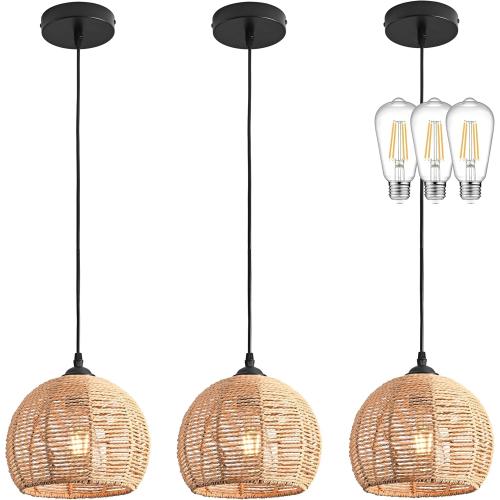 3 Pack Wicker Pendant Light Natural Woven Pendant Light Boho Chandelier Light Fixture Dome Rustic Farmhouse Pendant Lights Rattan Light Fixture for Dining Room Kitchen Island (Bulb Incl.)